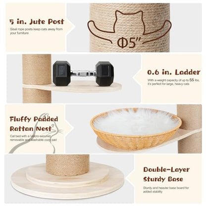 Solid Real Wood Floor to Ceiling Cat Tree, 7 Level Adjustable Height (105"-122"), Modern Climbing Tower with Thickened Wooden Sisal Scratching Posts & Cozy Bed for Indoor Cats Large Adult - size: 7 Level | 105-122 in