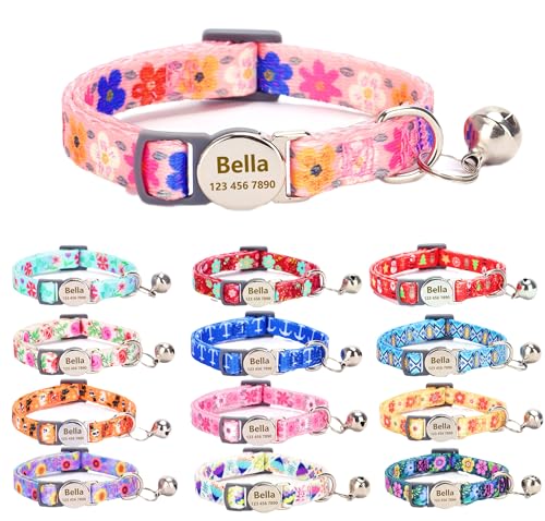 Custom Personalized Breakaway Kitten Cat Collar with ID Name Phone Number Tag Plate/Customized Engraved Floral Pattern Boy Girl Cat Kitten Collar with Bell-Sakura - color: Sakura