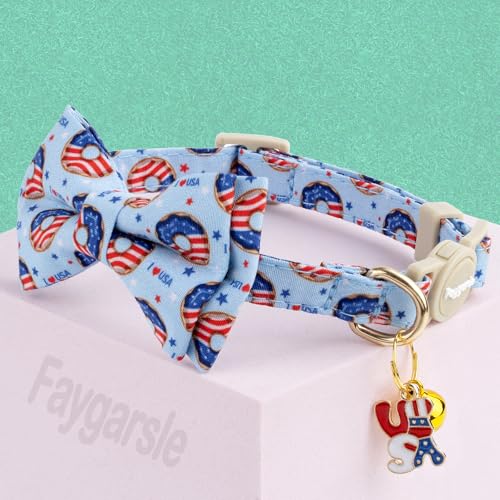 Faygarsle 2 Pack Patriotic Cat Collar Set with Bandana and Bow Tie, USA Flag Donuts Pattern, Light Blue - color: Blue Flag