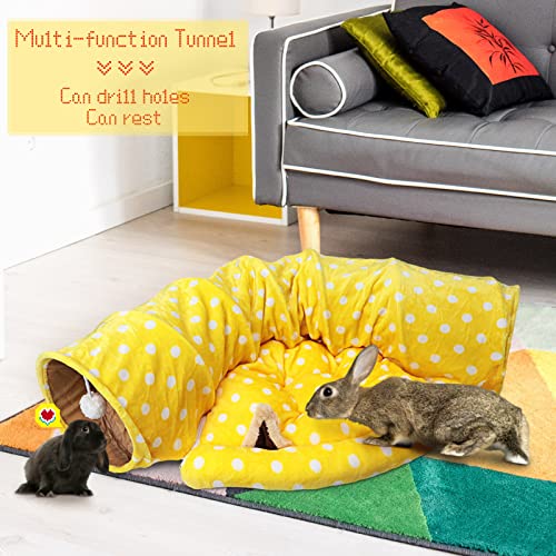 BWOGUE Bunny Tunnel Bed, 2-in-1 Collapsible Tunnel Tubes Toys with Removable Mat Hideout for Cats Kittens Rabbits Guinea Pigs Kitty - color: Yellow