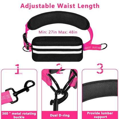 Hands Free Dog Leash with Zipper Pouch, Running Waist Leash for Dog Walking, Adjustable Waist Belt for Large Dogs, Reflective Bungee Design with Two Handle for Hiking, Training, Hot Pink - color: Hot Pink