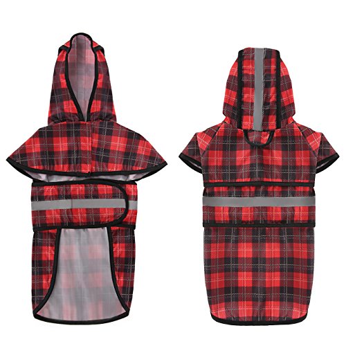 HDE Dog Raincoat Jacket Reflective Adjustable Hooded Pet Poncho Rain Coat with Leash Hole for Small to X-Large Dogs Plaid - S - color: Plaid, size: Small