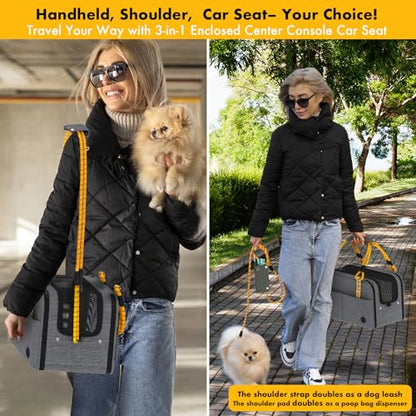 PAWZIDEA Center Console Dog Car Seat, Enclosed Small Dog Armrest Booster Carseat, Secure Straps &Anti Slip, Portable TSA Approved Puppy Pet Carrier Soft-Sided, Removable Pillow Storage Pocket, up 12lb - color: Mid-Hemp Grey