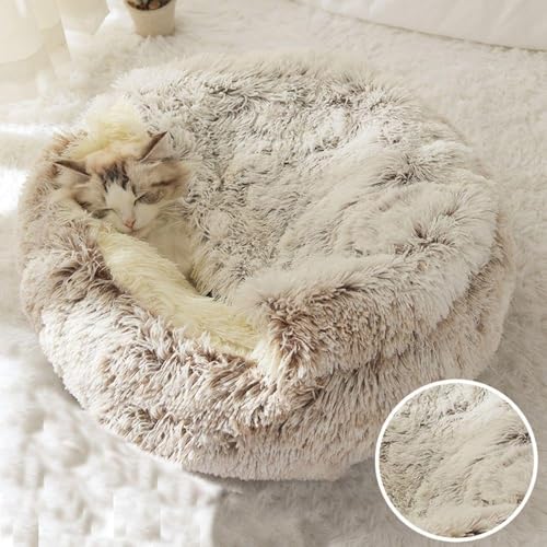 Cat Bed Round Fluffy Hooded Cat Bed Cave, Anti-Anxiety Cave Bed with Hooded Blanket, Cozy Cuddler Luxury Puppy Pet Bed, Anti-Slip Bottom and Machine Washable (Coffee, Large) - color: Coffee, size: Large
