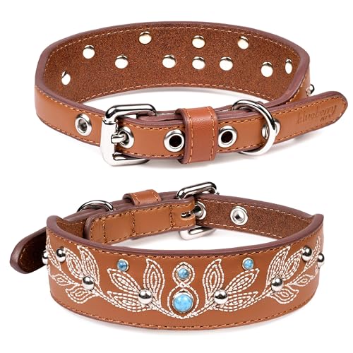 Blueberry Pet Western Dog Collar in Canyon Brown - 12-15 Inch Necks Floral-Embroidered Leather with Turquoise Studs, Adjustable - color: Canyon Brown, size: Small