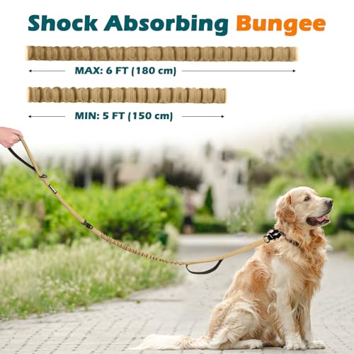 Heavy Duty Tactical Dog Leash, 5 FT Bungee Shock Absorption Leash with 2 Padded Handles, Quick Release Metal Clip, Car Seatbelt, No Pull Training Lead for Large Medium Dogs（Khaki） - color: Khaki