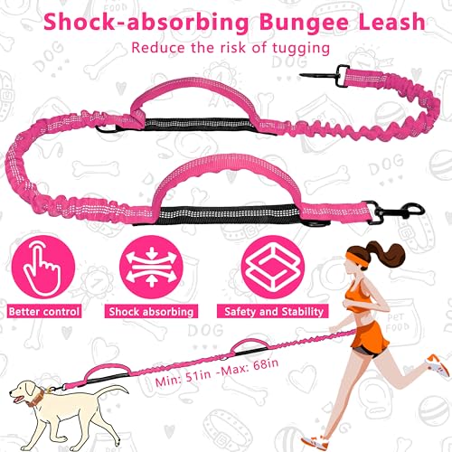 Hands Free Dog Leash with Zipper Pouch, Running Waist Leash for Dog Walking, Adjustable Waist Belt for Large Dogs, Reflective Bungee Design with Two Handle for Hiking, Training, Hot Pink - color: Hot Pink