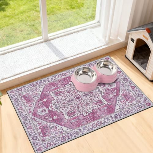 famibay Dog Food Mat, Absorbent Cat Dog Mats for Food and Water, No Stains Quick Dry Pet Cat Bowl Mats with Non Slip Backing, Boho Pet Feeding Mat for Floor Waterproof 16"x24" - color: Vintage Pink, size: M(16"×24")