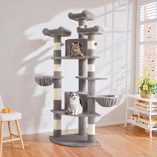 SHA CERLIN 73" Space-Saving Cat Tree/Multi-Level Tall Cat Tower with Perches/Scratching Posts/Condo & Hanging Baskets/Modern Fan-Shaped Design for Indoor Kitties/Pet Activity House/Grey - color: Grey