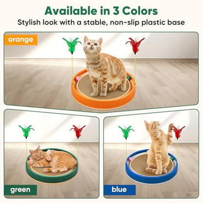 20-Inch Round Cat Scratcher Bed with Ball Track – 3-in-1 Interactive Cardboard Scratching Pad with Feather Toy & Non-Slip Base – Great for Indoor Cats, Active Kittens & Large Breeds (Green) - color: Green