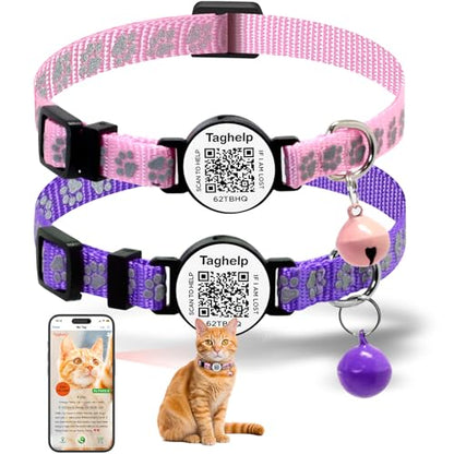 Smart QR Code Cat Collar 2-Pack: Your Cat's Digital Safety Profile, Breakaway Reflective Collar with Instant Email Alert When Scanned (Pink & Purple A) - color: Paw pattern - Pink & Purple