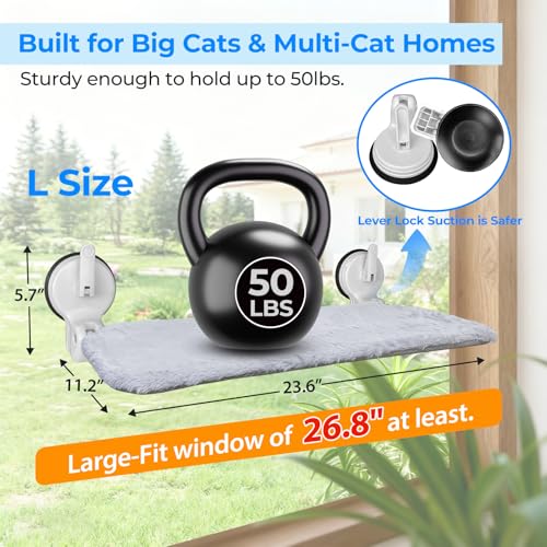 L&W BROS. 2PC Cat Window Perch with Lever Lock Suction Cups Holds up to 50 lbs Foldable & Space Saving Design Heavy Duty Window Hammock for Large or Multiple Cats (L 2Pc) - size: L