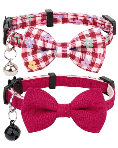Cat Collar with Bow Tie Bell Breakaway Bowtie 2pcs Set Spring Plaid Flower Floral Solid Boy Girl Cute Kitten Safety B [Plaid & Solid] Wine Red - color: B [Plaid & Solid] Wine Red