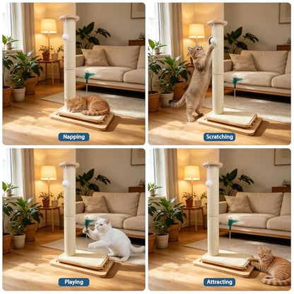 2-in-1 Cat Scratching Post and Pad, 28" Natural Sisal Cat Scratcher for Indoor Cats, Solid Wood Base with Interactive Spring Toy & Dangling Ball, Space-Saving for Indoor Adults Cats - size: 28 inches