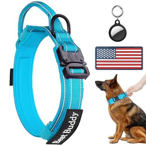 AUBELL Reflective Tactical Dog Collar,Adjustable Military Heavy Duty K9 Collars with Handle and Quick Release Metal Buckle Great for Medium Dogs, with Airtag Case and 2 Patches (Blue,M) - color: Blue, size: M(13.5"-17")