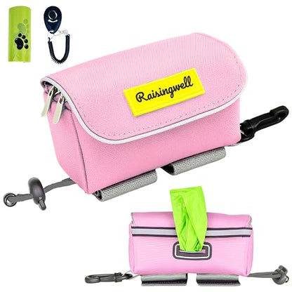 Dog Treat and Poop Bag Holder for Leash, 2 Waterproof Zipper Pouches for Pet Walking Accessories, with Dispenser, Training Clicker and 1 Free Roll (Pink) - color: Pink