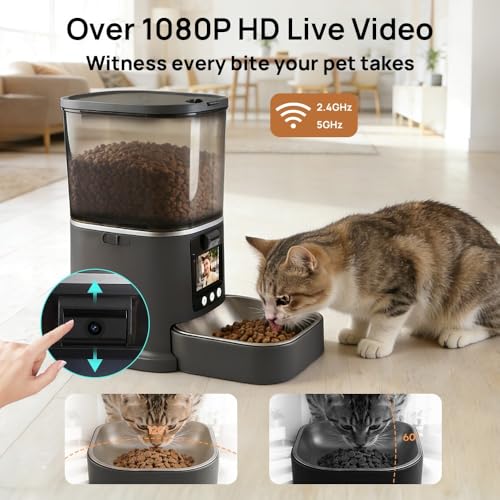 5L Automatic Cat Feeder with Camera, Two-Way Video 3MP HD & Audio, 5G WiFi Automatic Dog Feeder with Night Vision, Cat Food Dispenser with Dog Food Container for Multiple Pets (Grey, 5L) - color: Grey