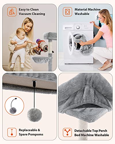 MUTTROS Cat Tree for Large Cats with Super Large Top Perch, 56.3" Cat Tower with Plush Hammock, Dangling Pompom, Cat Scratching Posts and 2 Condos House, Light Grey - color: Grey, size: 56.3inch