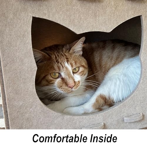 Cat House Cat Ear Design, Large Spacious Cozy Indoor Cat Bed Cave, Scratch Resistant Strong Thick Premium Felt Condo, Fun Hideaway for Multiple Cats, Up to 35LB, 21.5x13x11.6 inches (Beige)
