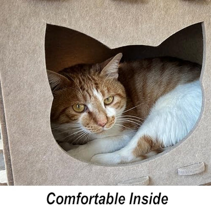 Cat House Cat Ear Design, Large Spacious Cozy Indoor Cat Bed Cave, Scratch Resistant Strong Thick Premium Felt Condo, Fun Hideaway for Multiple Cats, Up to 35LB, 21.5x13x11.6 inches (Beige)