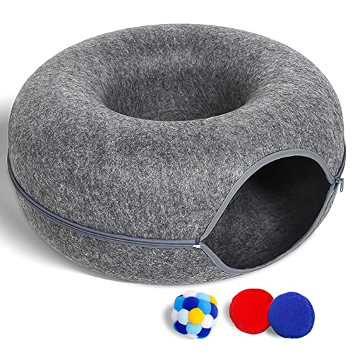 Large Cat Tunnel Bed for Indoor Cats with 3 Toys, Scratch Resistant Donut Cat Bed, Up to 30 Lbs (L 24x24x11, Dark Grey) - color: Dark Grey, size: L(24x24x11)