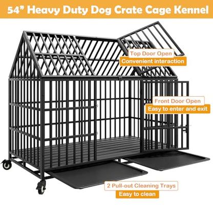 54 inch Heavy Duty Dog Crate with 2 Bowls, Indestructible Escape-Proof Dog Kennel Double Door, High Anxiety Large XXL Cage Indoor with Wheels and Trays, Max Load Capacity 300lbs - size: 53.9"L x 29.7"W x 46.1"H