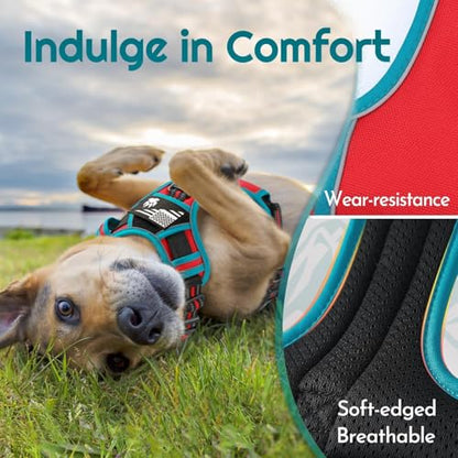 Dog Harness Medium Sized, Easy Wearing with 3 Buckles, Adjustable No Pull Pet Harness with 2 Rings for Walking, No Chock Reflective Soft Padded Vest with Control Handle, Red & Teal, M - color: Red & Teal, size: Medium