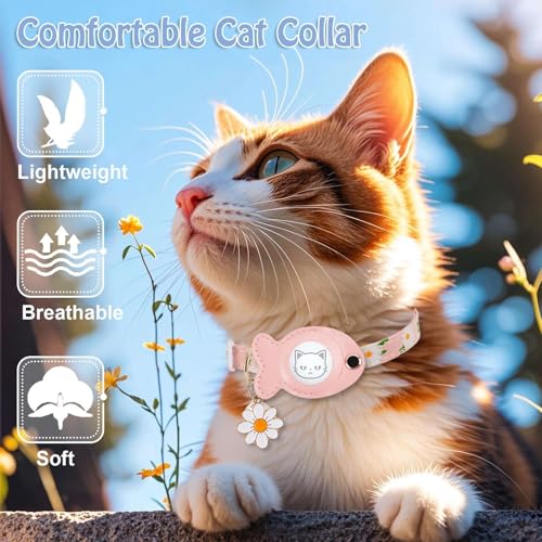 Cat Collar for Airtag, Breakaway GPS Tracker Kitten Collar with Airtag Holder and Bells for Girl Boy Cats Cute Personalized Cat Collar with Fish Adjustable Length (Pink)