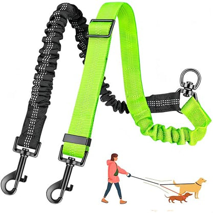 3-in-1 Double Dog Leash for Two Dogs, Adjustable Dual Leash with 360° Swivel & Bungee Shock Absorption, No-Tangle Reflective Coupler,for Walking, Running, Training (Black+Green) - color: Black+Green