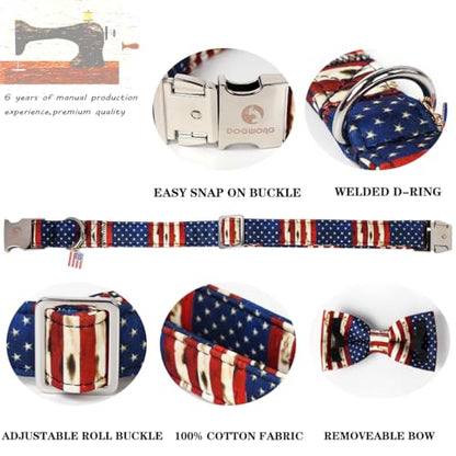 DOGWONG Ameirican Flag Dog Collar with Bow - Independence Bowtie Dog Collars, Adjustable Patriotic Pet Collars 4th of July Dog Collar for Small Medium Large Dogs - color: American Flag, size: S
