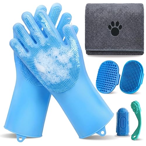 7PCS Dog Bath Supplies, Pet Grooming Kit for Dogs & Cats and Horses - Dog Washing Gloves, Pet Grooming Gloves, Dog Towel 40'' X 23.6'', Dog Bath Brush, Dog Shampoo Brush, Dog Finger Toothbrush (Blue)
