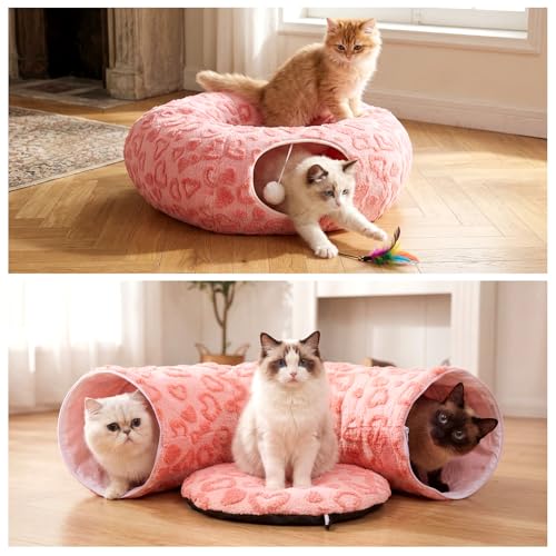 Cat Tunnel Bed, Cute Cat Tunnel Toy with Washable Cushion, Fits Indoor Cats up to 25 lbs, Cute Peekaboo Cave Pet Bed for Kittens, Rabbits, Pink Heart - color: Pink Heart