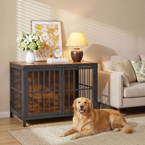 HOOBRO Heavy Duty Dog Crate Furniture, 39.4" Wooden Indoor Kennel with 3 Doors, Chew Resistant Metal Cage for Medium and Large Breeds, Dog Crate Side Table, Black and Rustic Brown BF101GW03 - color: Black and Rustic Brown, size: 39.4"l X 22.8"w X 27.8"h