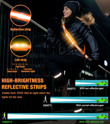 Ylzzrs LED Belt Reflective Sash for Walking at Night,High Visibility Adjustable Night Running Safety Gear,Light Up Running Belt Reflective Gear with Phone Bag/Armband for Runners Walkers Men Women - color: Orange