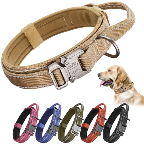 Tactical Dog Collar for Medium & Large Dogs - Military Nylon Heavy Duty Collar with Handle, Reflective Strip & Metal Buckle for Training, Outdoor (Brown Reflective, Large) - color: Reflective-Brown, size: L
