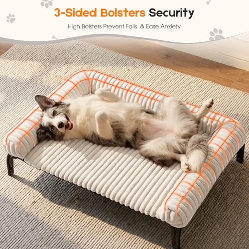 Elevated Dog Bed with Removable Fluffy Pillow Cushion, Raised Pet Cot Washable Bolster, Dog Couch Sofa, Anti Slip Feet, Breathable Mesh, Cream, 43"×32" - color: cream, size: L(43"×32"×8")
