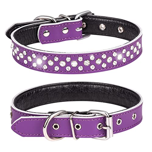 Rhinestones Dog Collar, Adjustable Sparkly Crystal Studded Genuine Leather Pet Dog Collar for Small and Medium Dogs (L, Purple) - color: Purple, size: L