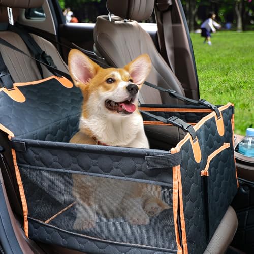 Dog Car Seat for Medium Small Dogs, Pet Car Seat with Adjustable Safety Belt & Storage Pockets, Breathable Waterproof Pet Car Seats Cover, Small Dog Seats for Dogs Under 30lbs (Medium, Orange) - color: Orange, size: Medium
