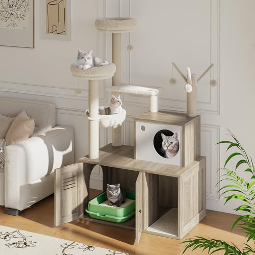 Garvee Cat Litter Box Enclosure with Tree Tower and Condo, Hidden Pet Washroom Furniture with Sisal Scratching Post,Hammocks and Soft Plush Perch, Wooden Cat Furniture with Multiple Platforms,Grey - color: Rustic Grey