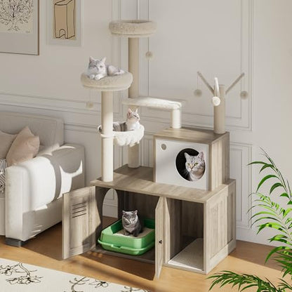 Garvee Cat Litter Box Enclosure with Tree Tower and Condo, Hidden Pet Washroom Furniture with Sisal Scratching Post,Hammocks and Soft Plush Perch, Wooden Cat Furniture with Multiple Platforms,Grey - color: Rustic Grey