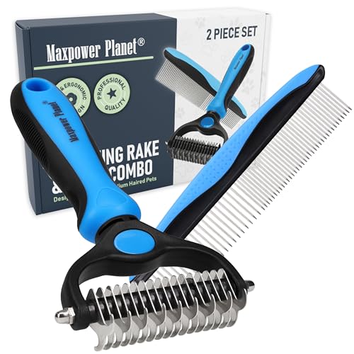 Maxpower Planet Pet Grooming Rake and Dematting Comb for Dogs - Dog Grooming Supplies, Undercoat Rake for Dogs, Cats - Extra-Wide Deshedding Dog Brush, Deshedder Comb for Long Hair - Reduce Shedding - color: C - Rake and Comb Kit (Best Value), size: Large