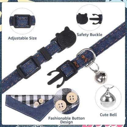 SCENEREAL Breakaway Cat Collar with Bell & Bandana, Cute Kitten Collar Suitable for Large Big Cats, Black Plaid - color: Black Plaid