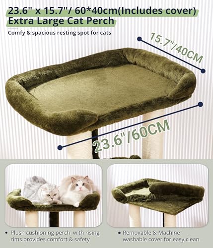 Happi N Pets 28" Cat Tree, Large Bed for Big Cats, Small Cat Tower with Soft Perch for Window Viewing, Stable Cat Tree Tower, Cat Scratching Post with Hammock, Removable Cover-Green - color: Olive Green