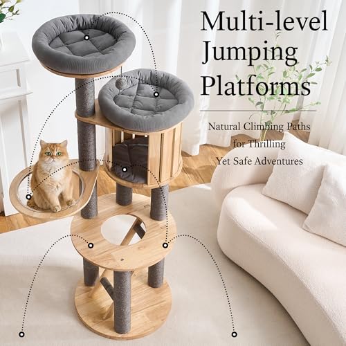 797Audio Wood Modern Cat Tree, 61.5" Tall Cat Tower with Sisal Scratching Posts, Cat Condo, Capsule and Ladder, Solid Wooden Aesthetic Multi-Level Cat Climbing Tree for Large Adult Indoor Cats-Gray - color: 62 Inch-Gray