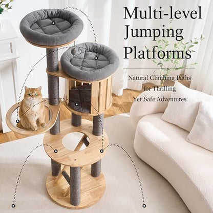 797Audio Wood Modern Cat Tree, 61.5" Tall Cat Tower with Sisal Scratching Posts, Cat Condo, Capsule and Ladder, Solid Wooden Aesthetic Multi-Level Cat Climbing Tree for Large Adult Indoor Cats-Gray - color: 62 Inch-Gray