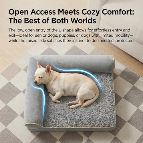 Orthopedic Small Dog Bed for Small Dogs 20 x 16Inch, L Shaped Memory Foam Puppy Pet Bed with Sides, Washable Dog Couch Sofa with Removable Velvet Cover & Non-Slip Bottom, Gray - size: 19.7" L x 15.8" W x 4.4" H--With sides