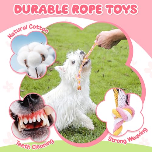 Zeaxuie Pink Puppy Toys for Teething - 9 Pack Small Dog Set With Chew, Squeaky Crinkle, Treat Ball and Interactive Rope for Puppies - color: 9 Pack (Pink-Bunny)