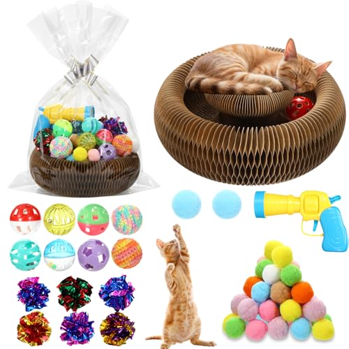 Zopeal 64 Pcs Easter Cat Toy Gift Set Magic Cat Scratcher Board Ball Launcher Gun Crinkle and Yarn and Plastic Bell Ball Kitten Toy with Bow for Pet Interactive Engaging Gift(Organ Shape) - style: Organ Shape