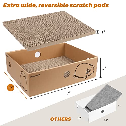 PrimePets Cat Scratcher, Wide Cat Scratch Pad with Box, 5 Pack, XL Reversible Scratcher Cardboard for Indoor Cats, 17x13x5'' Kitty Bed Scratching Board with Catnip, Convenient Replacement Hole Design