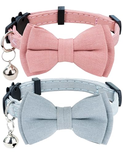 Cat Collar Breakaway Bowtie Safety with Bell Adjustbale Kitten Puppy Solid Plaid Color Set A-[2pcs] Pink & Blue Grey - color: A-[2pcs] Pink & Blue Grey
